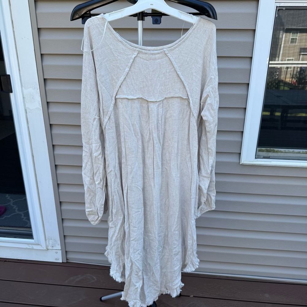 Umgee Boho Fringe Oatmeal Linen Blend Bell Sleeve Blouse, Size Small - Picture 3 of 6